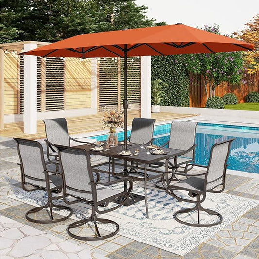 PHI VILLA 8 Piece Patio Dining Set with 13ft Patio Umbrella (Orange Red), 6 Outdoor Swivel Dining Chairs & 1 Large Metal Dining Table for Deck Lawn Garden (No Umbrella Base)