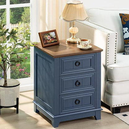 Joaxswe 18" Farmhouse Night Stand with 3 Drawers, Wood End Table Dresser for Bedroom, Navy Blue Nightstand, Bed Side Table with Metal Handle, Bedside Cabinet for Bedroom Living Room, Closet