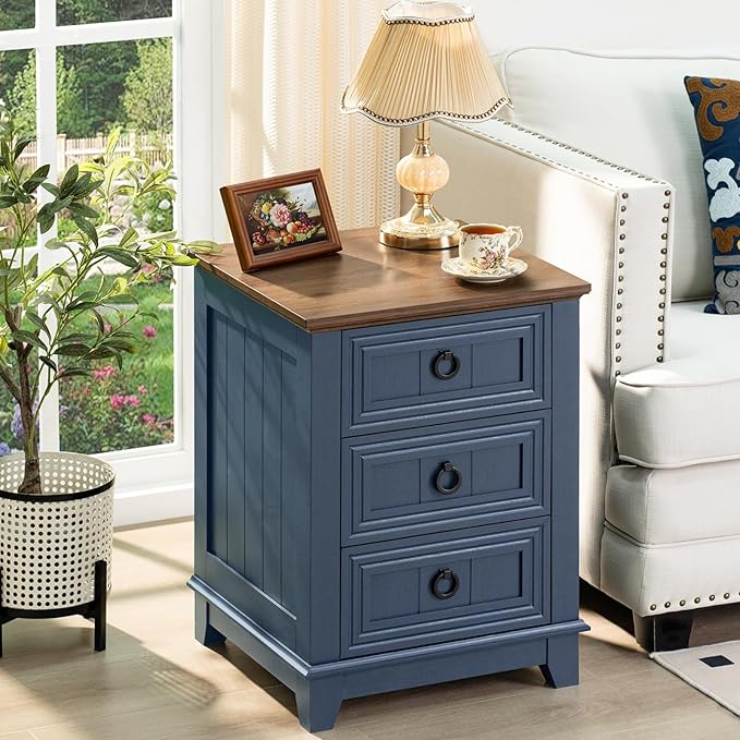 Joaxswe Night Stand Set of 2, Farmhouse 18" End Table with 3 Drawer Metal Handle, Dresser for Bedroom, Sofa Bed Side Table Chest of Drawers,Wood Nightstand Cabinet for Organizer, Living Room-Blue