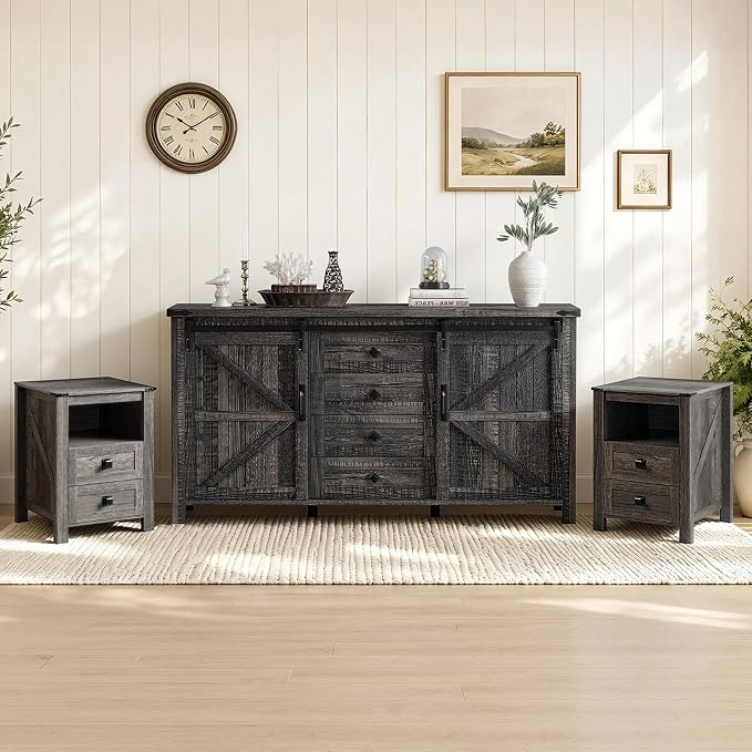 AMERLIFE 3-Piece Farmhouse Bedroom Furniture Set with Dresser and 2 Nightstands, Sliding Barn Door Wood Storage Set for Bedroom and Dining Room, Black Oak