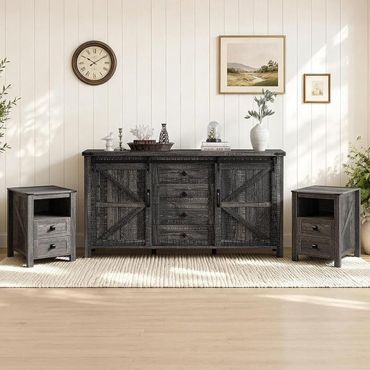 AMERLIFE 3-Piece Farmhouse Bedroom Furniture Set with Dresser and 2 Nightstands, Sliding Barn Door Wood Storage Set for Bedroom and Dining Room, Black Oak