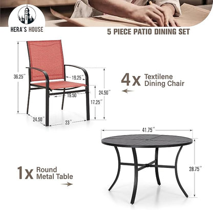 HERA'S HOUSE 5 Pieces Patio Dining Set, Outdoor Table and Chairs Set for 4, 4 x Red Textilene Dining Chair and 42" Metal Round Table for Lawn Garden Backyard Deck