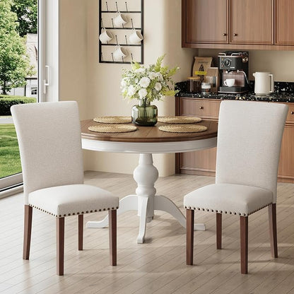 MALOL High Back Dining Chairs Set of 2, Upholstered Dining Room Chair with Wood Legs and Nailhead Trim, Modern Padded Kitchen Chairs for Dining Room/Restaurant, Beige
