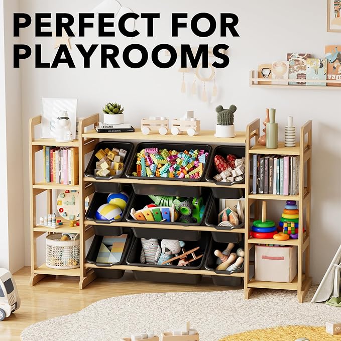 SpaceAid Large Toy Storage Organizer 9 Shelves 9 Bins, Toy Organizers Storage Bookshelf, Kids Bin Shelf Toys Box Bookcase for Bedroom Playroom Organization Room Decor, Neutral Gray