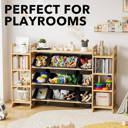 SpaceAid Large Toy Storage Organizer 9 Shelves 9 Bins, Toy Organizers Storage Bookshelf, Kids Bin Shelf Toys Box Bookcase for Bedroom Playroom Organization Room Decor, Neutral Gray