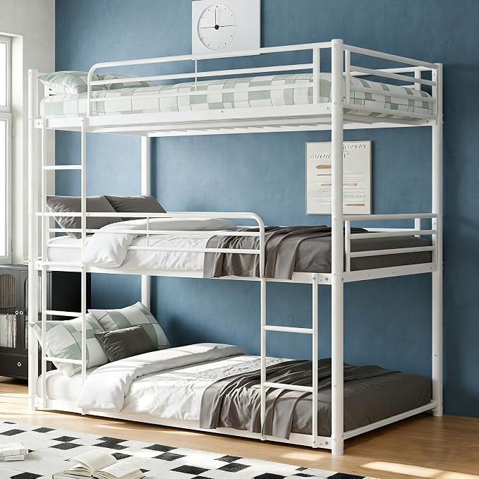 Metal Triple Bunk Bed with Ladder for 3 Kids/Teen/Adults Bedroom,Twin Over Twin Over Twin Heavy Duty Metal Bunk Bed, Heavy Duty Triple Bed Frame for Girls & Boys, No Box Spring Needed (White)