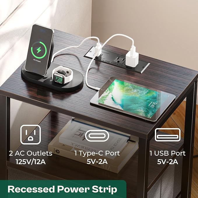 Huuger Nightstand with Charging Station, Fabric Drawers, End Table with Open Shelf, Bedside Table with USB Ports and Outlets, Night Stand for Bedroom, Walnut