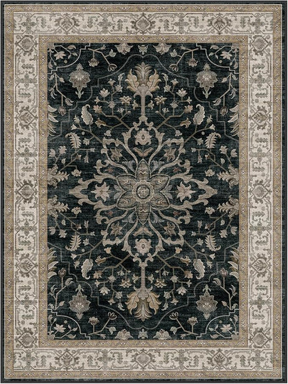 RELEANY Area Rugs 6'x8' Washable Non-Slip, Floral Vintage Distress Medallion Carpet for Living Room Bedroom Dining Room, Vintage Black Brown Neutral