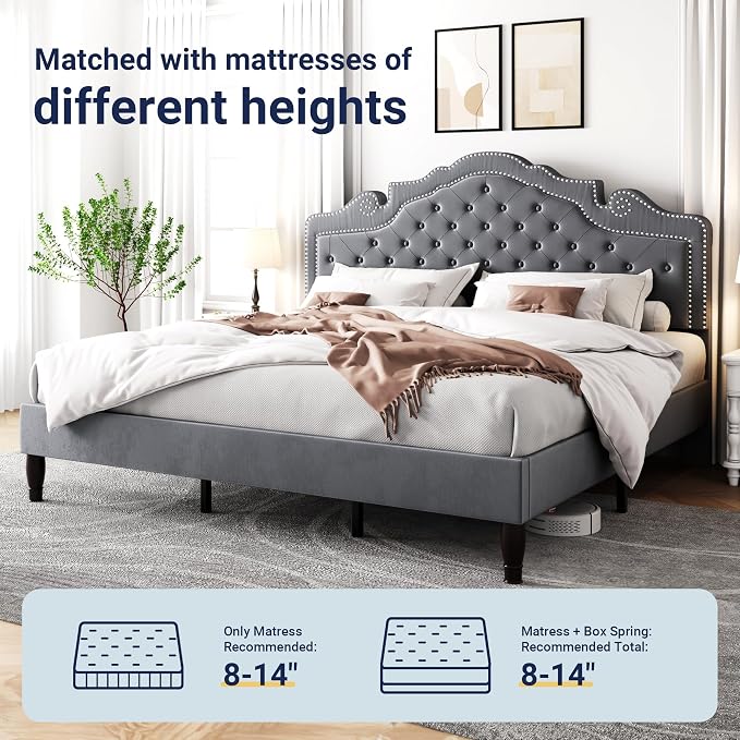 Allewie King Size Bed Frame with Adjustable Velvet Tiara Headboard, Upholstered Diamond Button Tufted Platform Bed, Wood Slats Support, No Box Spring Needed, Light Grey
