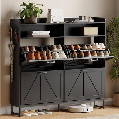 Shoe Cabinet with 4 Flip Drawers, Freestanding Hidden Shoe Storage Organizer for Entryway, Narrow Slim Shoe Rack Cabinet with Open Storage & Hooks for Front Door Entrance, Living Room, Hallway, Black