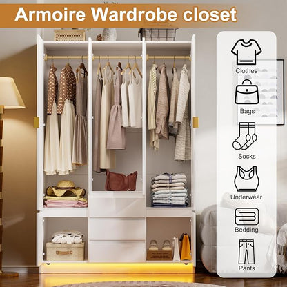 PAKASEPT 4 Doors Armoire Wardrobe Closet with Led Light & Mirror, Bedroom Large Capacity Freestanding Armoire Wardrobe with Drawers, Storage Cabinet with Hanging Rod Storage Closet for Bedroom
