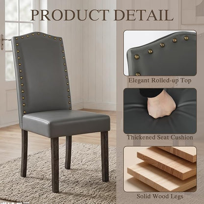 LSSBOUGHT PU Dining Chair, Kitchen Chair with Copper Nails and Solid Wood Legs for Dining Room,Restaurant (Gray, 2PCS)