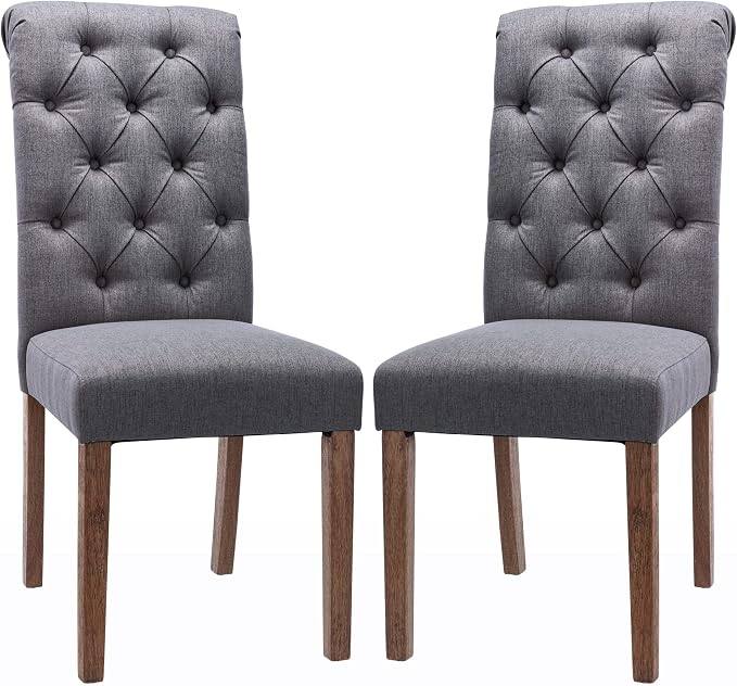COLAMY Button Tufted Dining Chairs Set of 2, Parsons Upholstered Fabric Dining Room Chairs Kitchen Chairs with Wood Legs and Padded Seat, Dark Grey