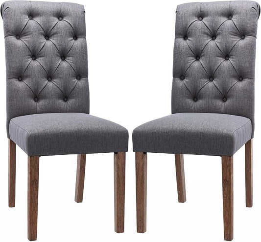 COLAMY Button Tufted Dining Chairs Set of 2, Parsons Upholstered Fabric Dining Room Chairs Kitchen Chairs with Wood Legs and Padded Seat, Dark Grey