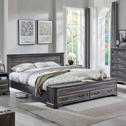 T4TREAM Farmhouse King Bed with Headboard and Storage Bench, Rustic Wood Platform Bed with 80" Storage Chest w/ 4 Large Drawer (Dark Rustic Oak)