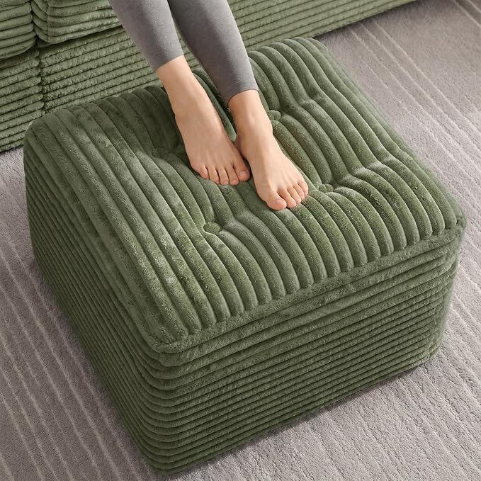 23.6in Pouf Ottoman, Corduroy Ottoman Foot Rest with Dual‑Layer Support, Large Poofy Pouf with Soft Chunk‑Foam Top & Firm Foam Base, Floor Foot Stool for Living Room, Green