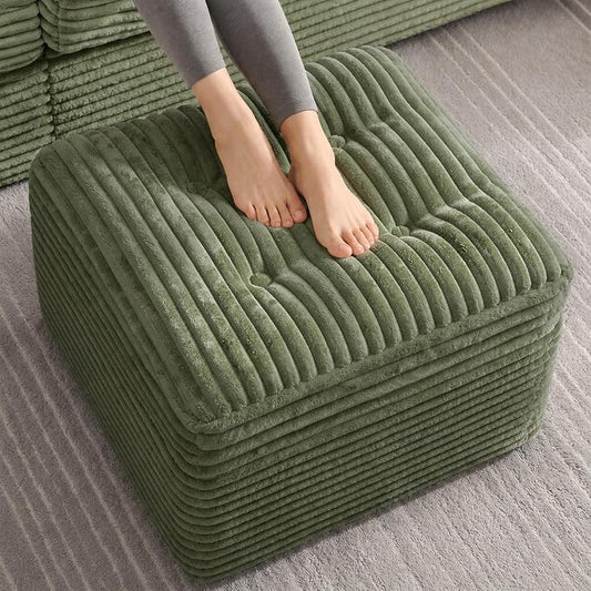 23.6in Pouf Ottoman, Corduroy Ottoman Foot Rest with Dual‑Layer Support, Large Poofy Pouf with Soft Chunk‑Foam Top & Firm Foam Base, Floor Foot Stool for Living Room, Green