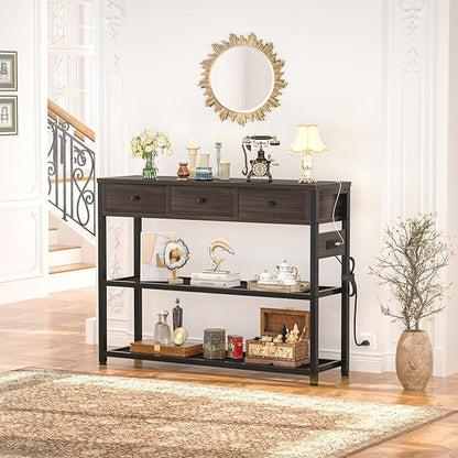 Ecoprsio 47'' Entryway Table with Outlets and USB Ports, Console Table with 3 Drawers, Sofa Table Narrow Long with Storage Shelves for Living Room, Couch, Hallway, Foyer, Black Walnut Finish