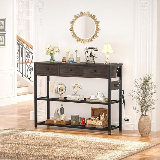 Ecoprsio 47'' Entryway Table with Outlets and USB Ports, Console Table with 3 Drawers, Sofa Table Narrow Long with Storage Shelves for Living Room, Couch, Hallway, Foyer, Black Walnut Finish