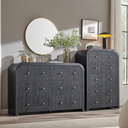 T4TREAM Fluted 5 Drawers Dresser, 48" Tall Modern Chest of Drawers with Thickened Curved Profile Design, Wood Closet Clothes Storage Organizer for Bedroom, Living Room, Hallway, Black Oak