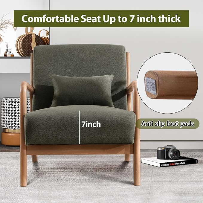 INZOY Mid-Century Modern Accent Chair Set of 2, Green Reading Armchair with Waist Cushion, Upholstered Living Room Chairs for Bedroom Sunroom