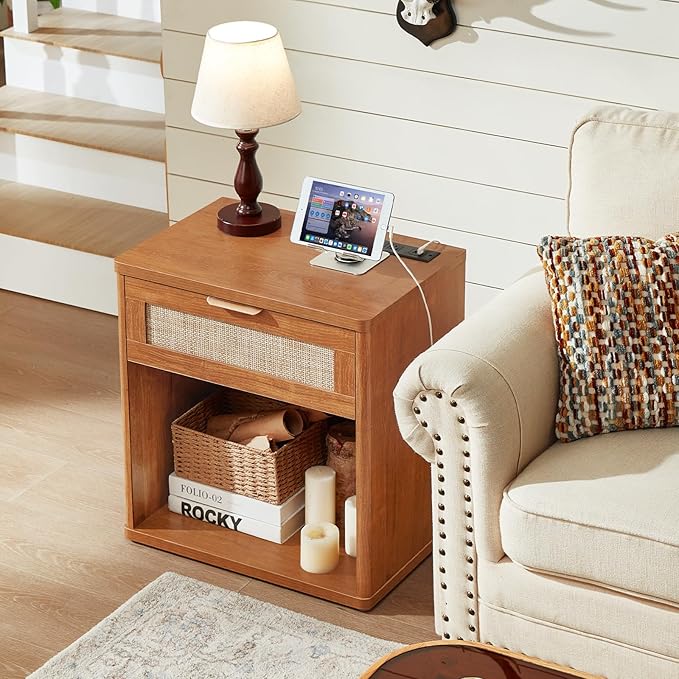 LEYAOYAO Rattan Nightstands Set of 2 with Charging Station, Tea Brown Night Stand with Drawer, 23" Wide Boho Bedside Table with Storage Shelf, Bed Side End Tables for Bedroom, Living Room, Hallway