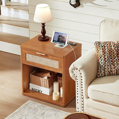 LEYAOYAO Rattan Nightstands Set of 2 with Charging Station, Tea Brown Night Stand with Drawer, 23" Wide Boho Bedside Table with Storage Shelf, Bed Side End Tables for Bedroom, Living Room, Hallway