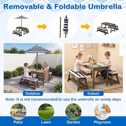 Costzon 4-in-1 Kids Picnic Table with Umbrella, Sand & Water Sensory Bins | Wooden Toddler Outdoor Table with Benches, Cushions, Cover, Gardening Tools, Kids Outdoor Furniture for Patio Backyard
