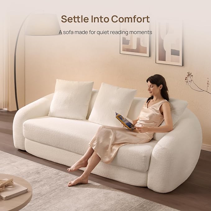 SICOTAS 90.6" Curved Convertible Sofa Couch Bed for Living Room Futon Cloud Boneless Sleeper Sofa Pull Out Floor Couch with Deep Seat Modern 3 Seater Foam Bed No Assembly for Bedroom Apartment, White
