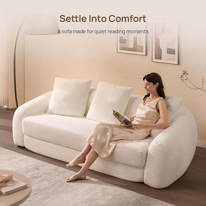 SICOTAS 90.6" Curved Convertible Sofa Couch Bed for Living Room Futon Cloud Boneless Sleeper Sofa Pull Out Floor Couch with Deep Seat Modern 3 Seater Foam Bed No Assembly for Bedroom Apartment, White