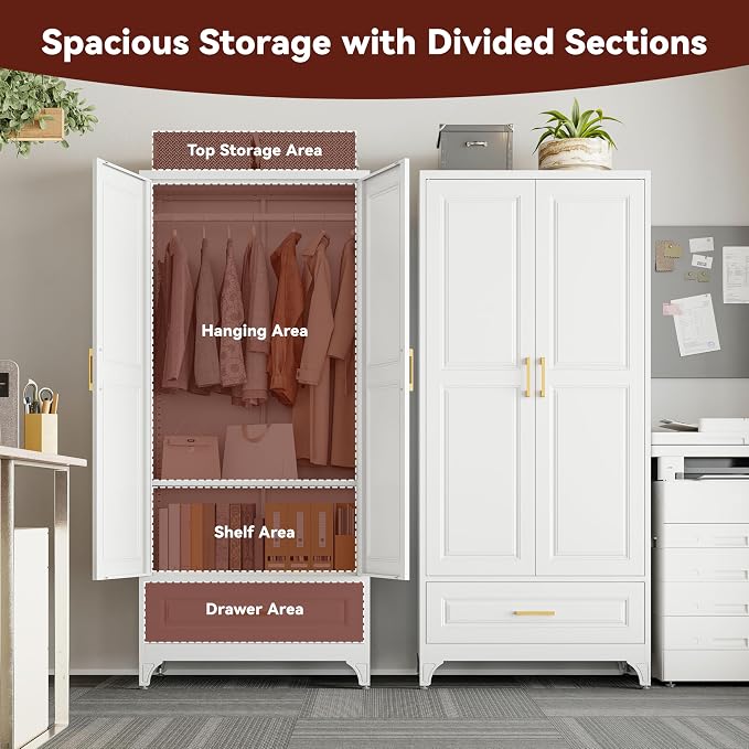 Metal Armoire Wardrobe Closet with Hanging Rod, 71" Tall Wardrobe Cabinet with Doors and Adjustable Shelves, Clothing Storage Cabinets with Drawer for Bedroom, Home
