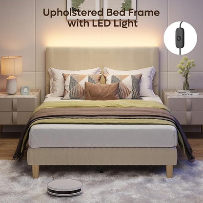 Bestier Full Size Bed Frame with Adjustable Headboard,LED Light,Taupe | Wood Slats Support,Easy Assembly,LED Lighting Headboard,No Squeaks,Vertical Channel Corduroy Upholstered,No Box Spring Needed