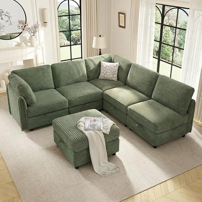 KKL Modular Sectional Couches V-Shaped 6 Seater Sofas with Storage Ottoman for Living Room, Convertible L/J-Shaped Modular Sectional Sofa Bed Plush Wide-Wale Corduroy Couch, Apartment, Green