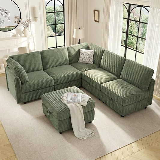 KKL Modular Sectional Couches V-Shaped 6 Seater Sofas with Storage Ottoman for Living Room, Convertible L/J-Shaped Modular Sectional Sofa Bed Plush Wide-Wale Corduroy Couch, Apartment, Green