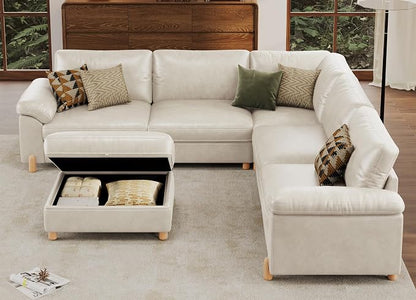 SITJOY Large Cloud Couch, 106" Wide 5 Seater V Shape, Faux Leather in White | Pet-Friendly Scratch-Resistant Leather Sectional Sofas for Living Room, Deep Seat Wide Couch with Chaise, Storage Ottoman