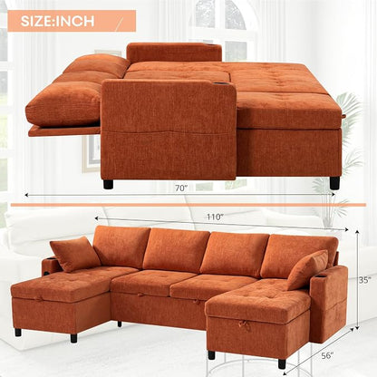110" Chenille Pull-Out Couch Bed w/Adjustable Backrests, Orange | Sectional Sleeper Sofa w/USB Ports & 2 Cup Holders, Upholstered U-Shaped Couch w/Storage Chaise for Living Room, House