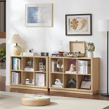 Joaxswe 6 Cube Storage Book Shelf, 40" Wide Low Horizontal Bookcase with Curved Edge, Floor Standing 2-Tier Wooden Bookshelf with Base, Modern Short Book Case for Bedroom, Study, Entryway, Natural Oak