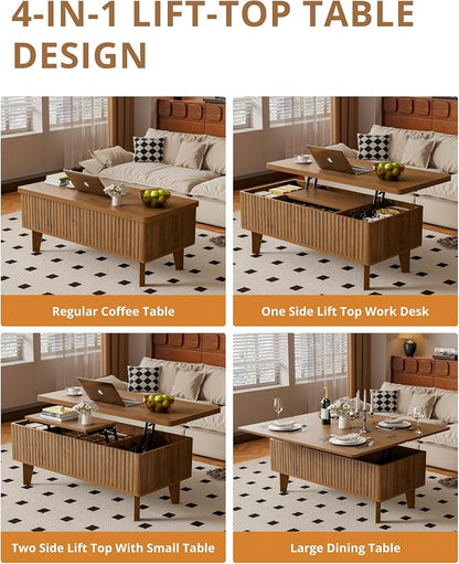 4 in 1 Lift Top Coffee Table with Storage, Mid Century Modern Living Room Center Table, Wood Fluted Multi-Function Convertible Dining Table, Walnut