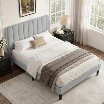 VECELO Queen Size Bed Frame with Upholstered Headboard, Velvet Platform Bedframe Mattress Foundation, Strong Wood Slat Support, No Box Spring Needed,Light Grey