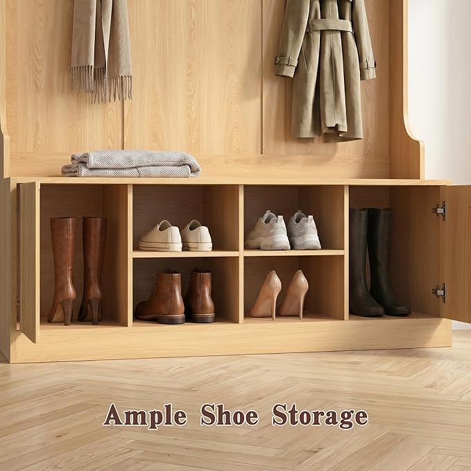 Hall Tree with Bench and Shoe Storage, 5-in-1 Entryway Coat Rack with LED Sensor Light, Hooks and Storage Cubes, Shoe Cabinet with Fluted Door, Modern Hall Tree for Entryway, Living Room