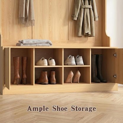 Hall Tree with Bench and Shoe Storage, 5-in-1 Entryway Coat Rack with LED Sensor Light, Hooks and Storage Cubes, Shoe Cabinet with Fluted Door, Modern Hall Tree for Entryway, Living Room