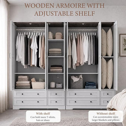 Yechen 71" Wooden Armoire Wardrobe Closet with Mirror and 4 Drawers, 3-Door Modern Functional Clothes Tall Storage Cabinet with 4 Adjustable Shelves and Hanging Rod, Freestanding Wardrobes for Bedroom