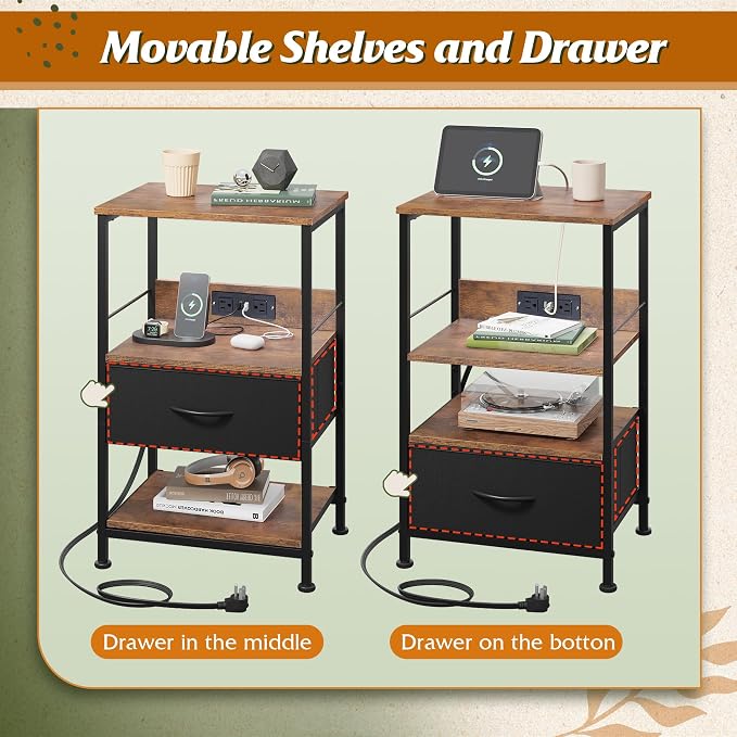 WLIVE Night Stand with Charging Station, LED Nightstand with Fabric Drawer and Open Shelf, Small Bedside Table for Bedroom, Dorm, Small Space, Black and Rustic Brown