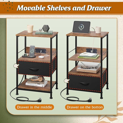 WLIVE Night Stand with Charging Station, LED Nightstand with Fabric Drawer and Open Shelf, Small Bedside Table for Bedroom, Dorm, Small Space, Black and Rustic Brown