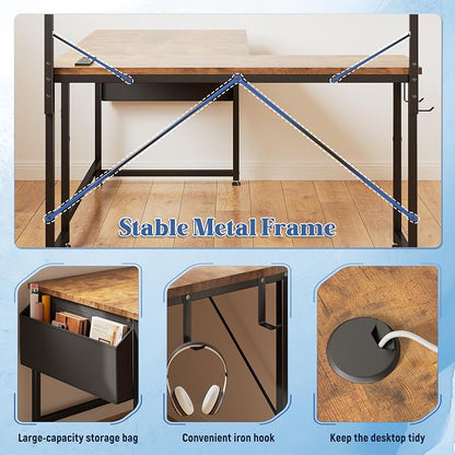 DurayLoly L Shaped Gaming Desk with LED Light & Power Outlet, 43.3 Inch Reversible Computer Desk with Shelf & Storage Bag & Hook for Home Office, Rustic Brown
