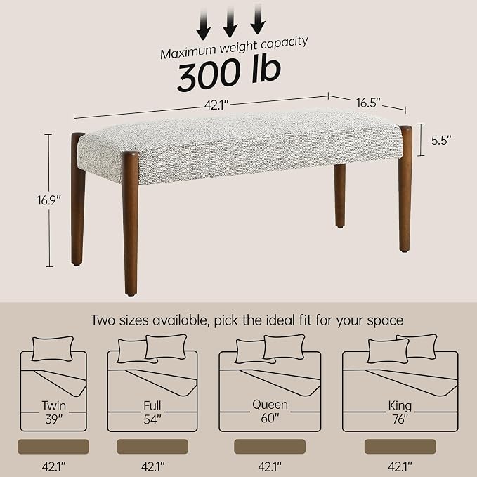 Usaint 42" End of Bed Bench, Modern Upholstered Bedroom Bench with Rubberwood Legs, Entryway Bench with Cushion, Dining Bench for Living Room, Bedroom, Light Brown with Walnut Leg