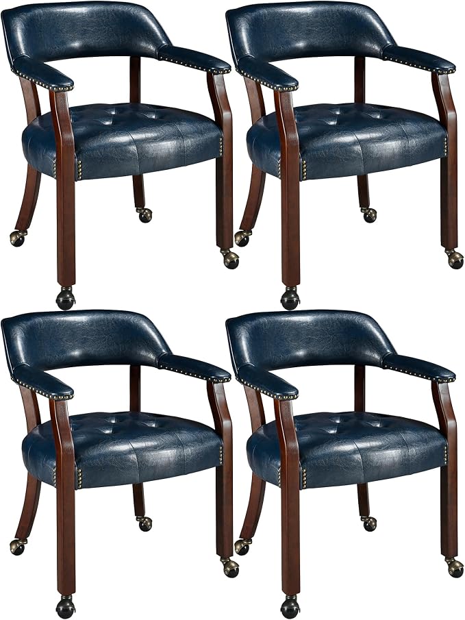 LEEMTORIG Set of 4 Dining Chairs with Casters and Arms, Large Rolling Dining Chairs with Wheels, Accent Solid Wood Boss Caption's Chairs, 26" Dx25.2 Wx31.5 H, Cherry Legs & Blue SY-1533-LB