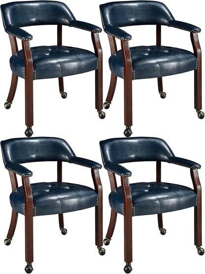 LEEMTORIG Set of 4 Dining Chairs with Casters and Arms, Large Rolling Dining Chairs with Wheels, Accent Solid Wood Boss Caption's Chairs, 26" Dx25.2 Wx31.5 H, Cherry Legs & Blue SY-1533-LB