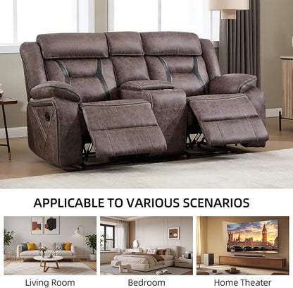 EBELLO Faux Leather Manual Loveseat Recliner, 2 Seat Reclining Sofa Chair with Center Console, Hidden Storage and Cup Holders, Daul Recliner for Living Room, Meeting Room, Grey (Loveseat)