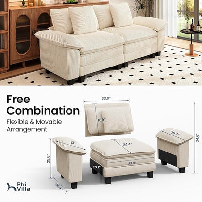 PHI VILLA Cloud Modular Couches Sets, 87.5" Sectional Loveseat Sofa with Upholstered Deep Seat, 2-Seater Comfy Couches for Living Room Bedroom, Corduroy Fabric, Beige